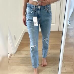 ZARA Slim Fit Distressed High Waisted Ankle Jeans Mid Blue 6